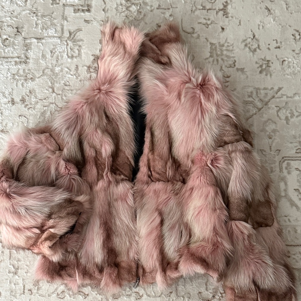 St. John Collection Pink and Brown Bomber Jacket Reversible with Fox Fur